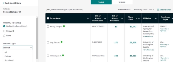 wos author record screenshot